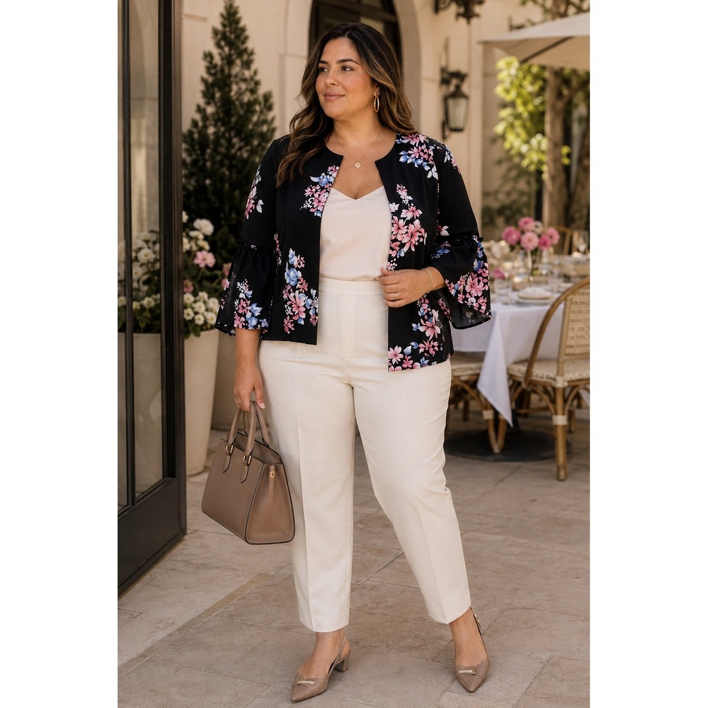 NWT Lane Bryant Floral Bell Sleeve Open Front‎ Jacket Black Pink 14/16